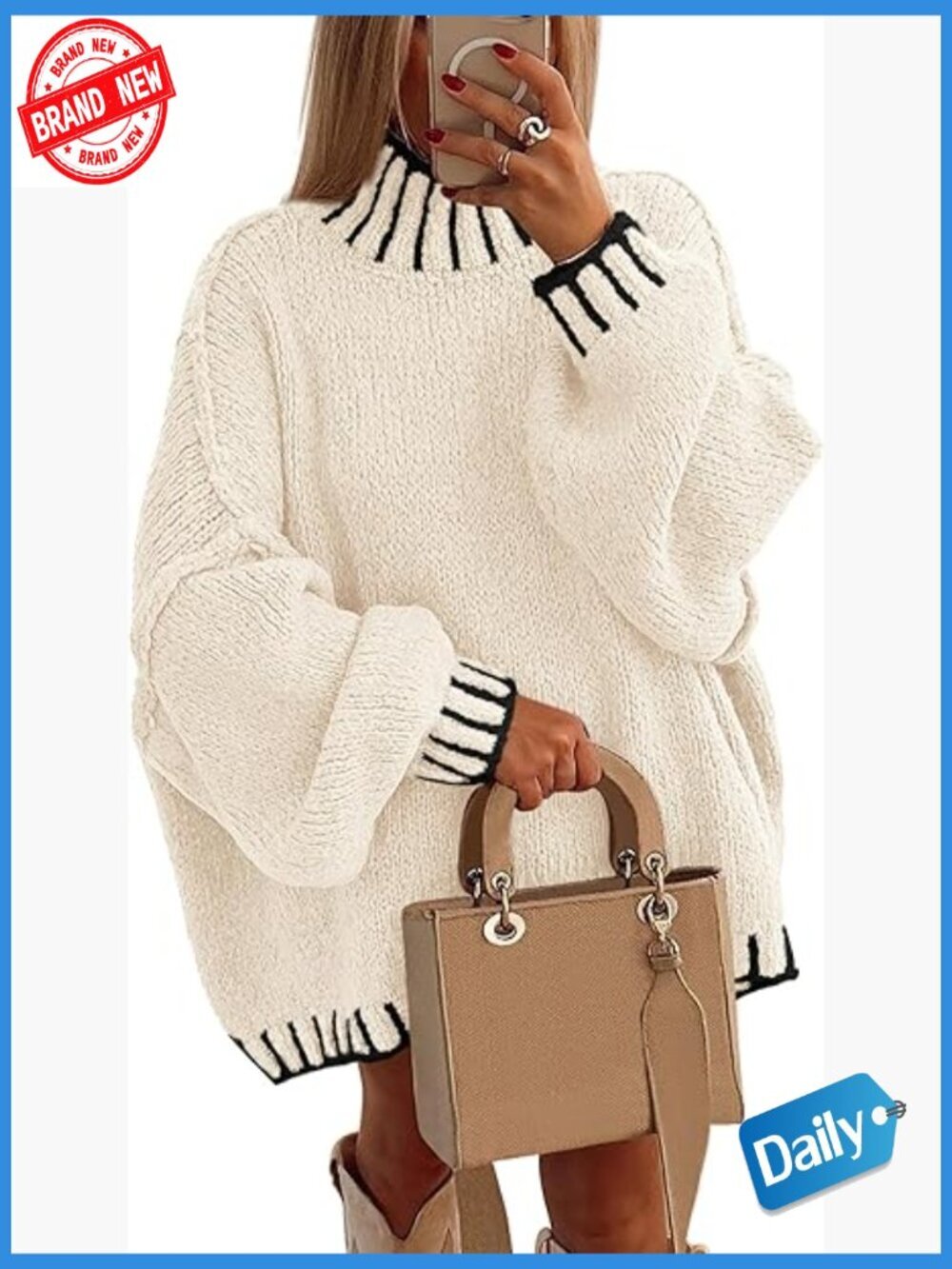 Chunky Knit Mock Neck Pullover Sweater Oversized Loose Fit